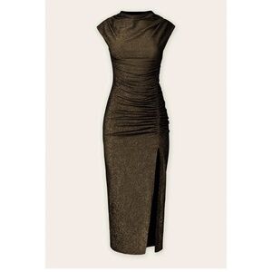 Robbie Bee Metallic Bronze Ruched Midi Dress with Side Slit